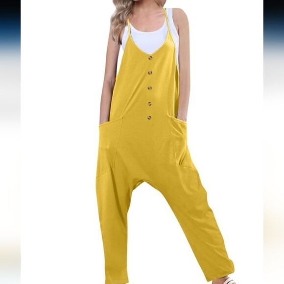 NWT Button Front Oversized Jumpsuit with Pockets Yellow - Picture 1 of 4
